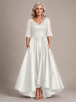 Satin Mother of the Bride Dress with Lace Sleeves 