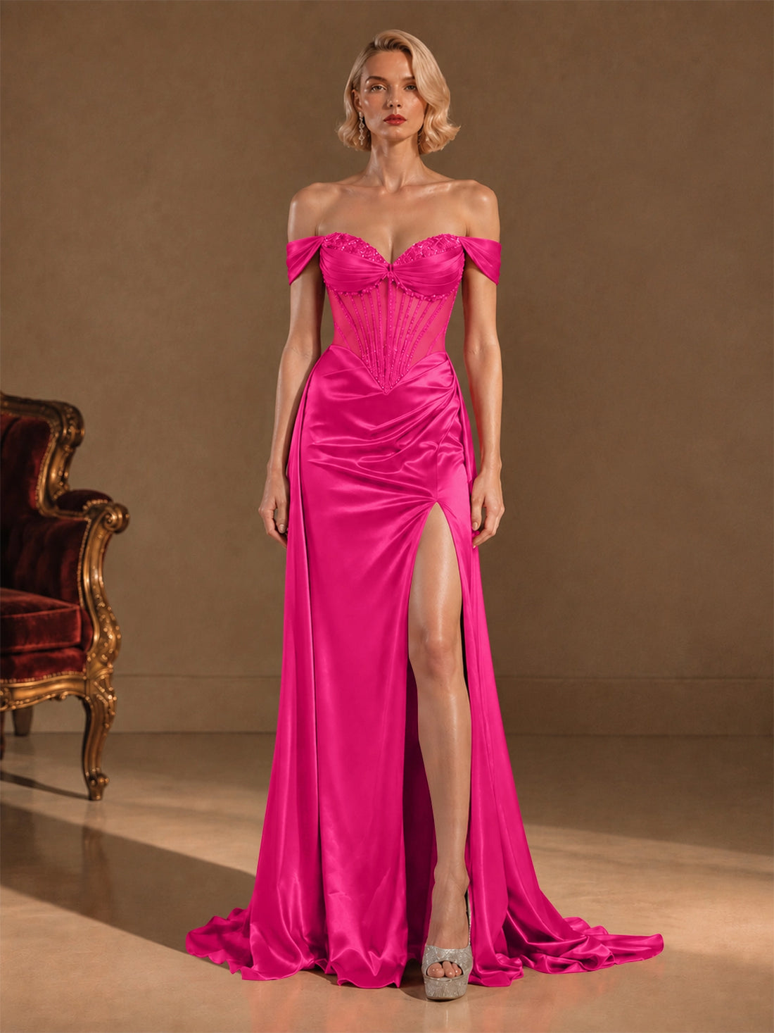 Silk-like Prom Dress with Crystal Detailing 