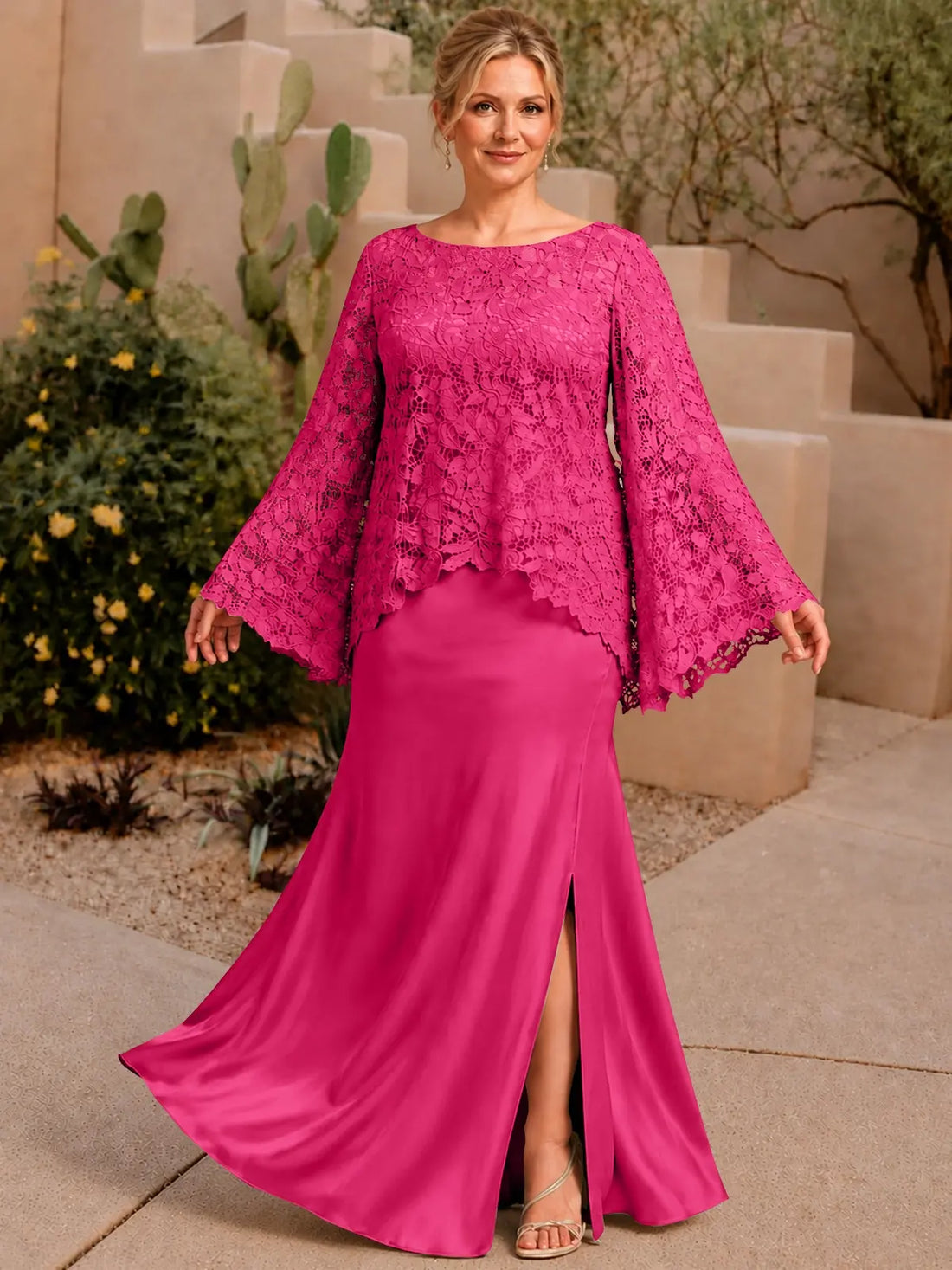 Two-piece Mother of the Bride Dress with Lace Top-Plus Size 