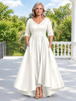 Satin Mother of the Bride Dress with Lace Sleeves-Plus Size 