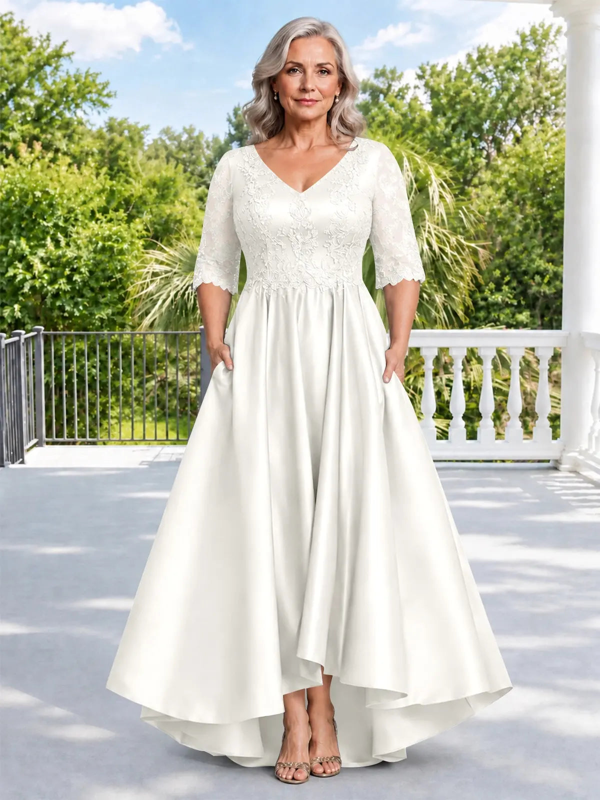 Satin Mother of the Bride Dress with Lace Sleeves-Plus Size 