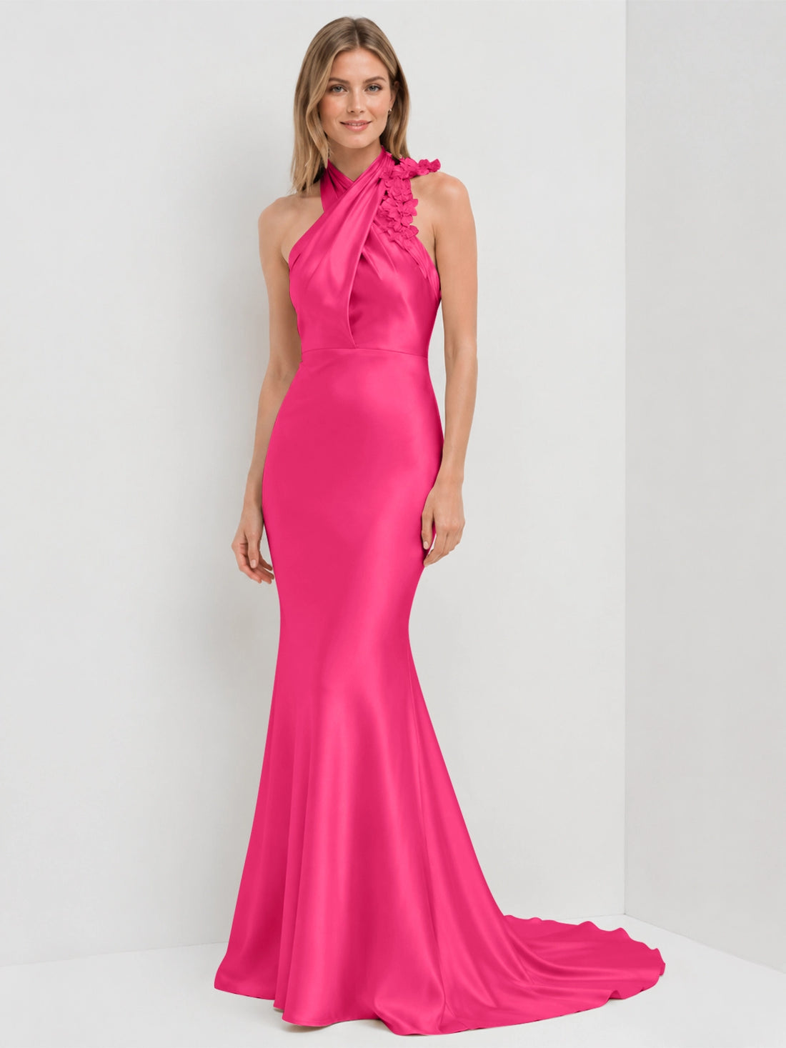Silk-like Bridesmaid Dress with 3D Floral 