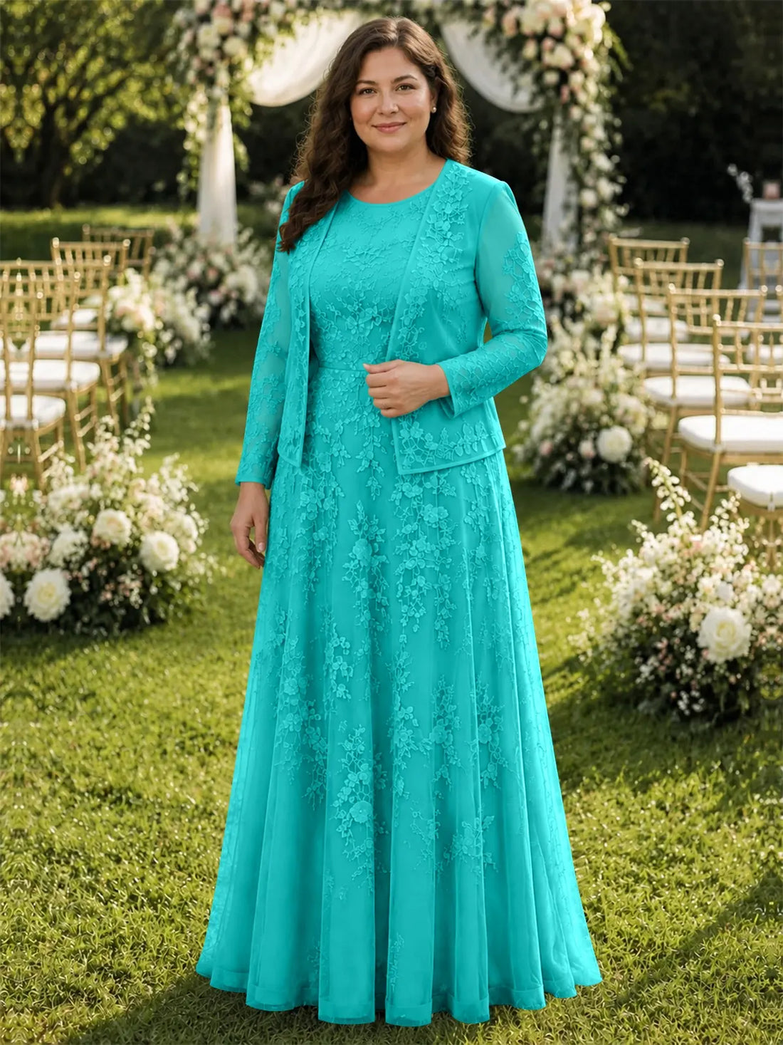 Two-Piece Lace Mother of the Bride Dress with Long Sleeves-Plus Size 