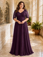 Applique V-Neck Chiffon Dress-Plus Size 