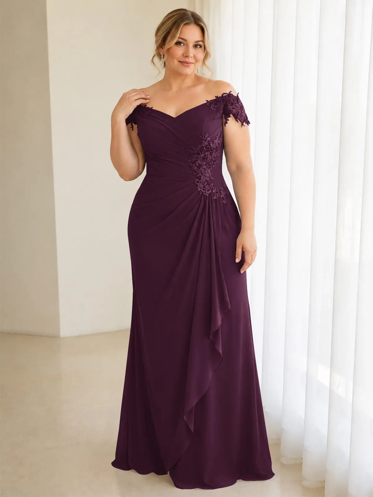 Off-Shoulder Chiffon Sheath Mother of the Bride Dress-Plus Size 
