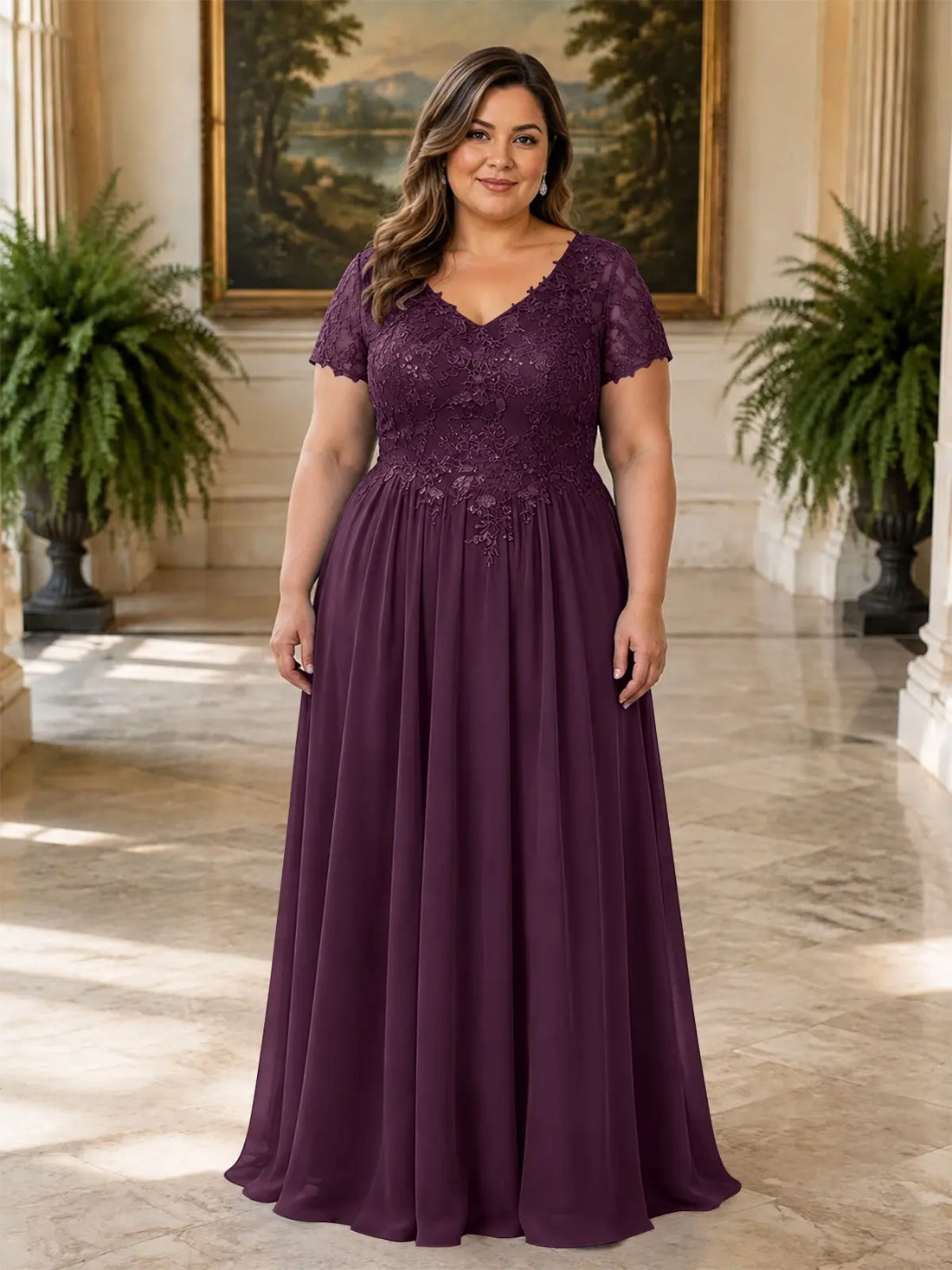Short Sleeves Chiffon Dress-Plus Size 