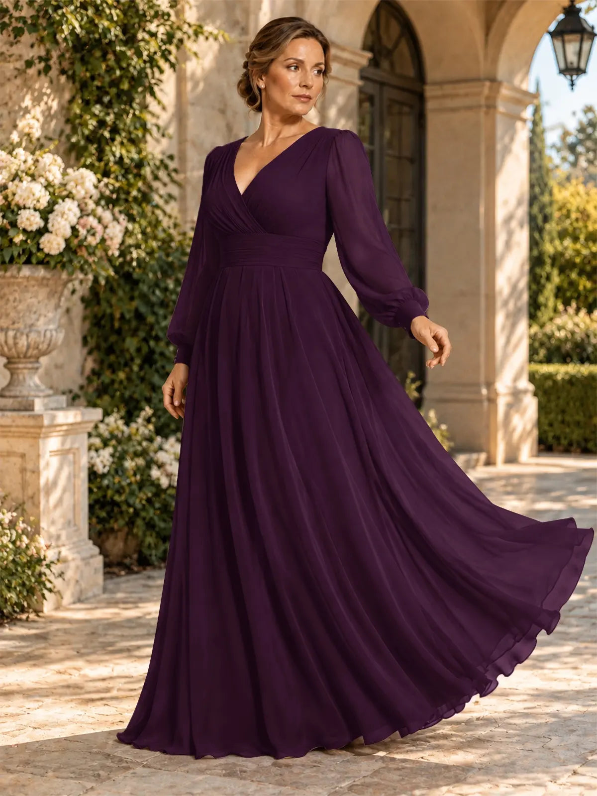 Chiffon Mother of the Bride Dress with Long Sleeves-Plus Size 