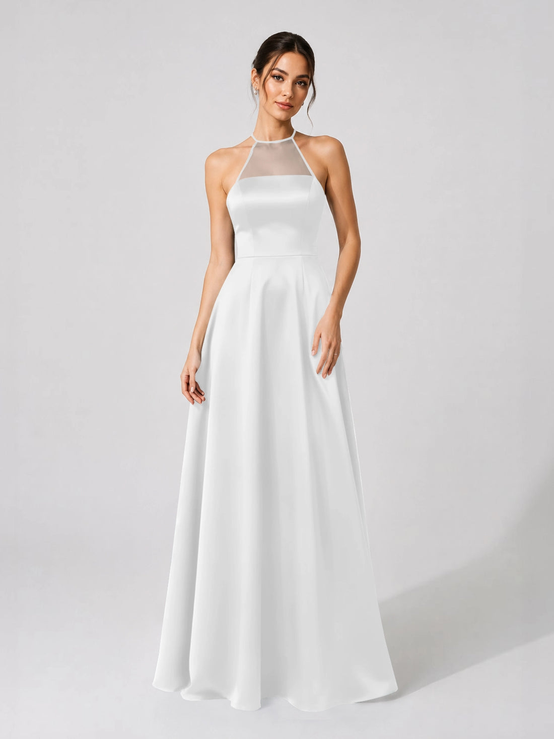 Satin Bridesmaid Dress with Illusion Halter Neck 