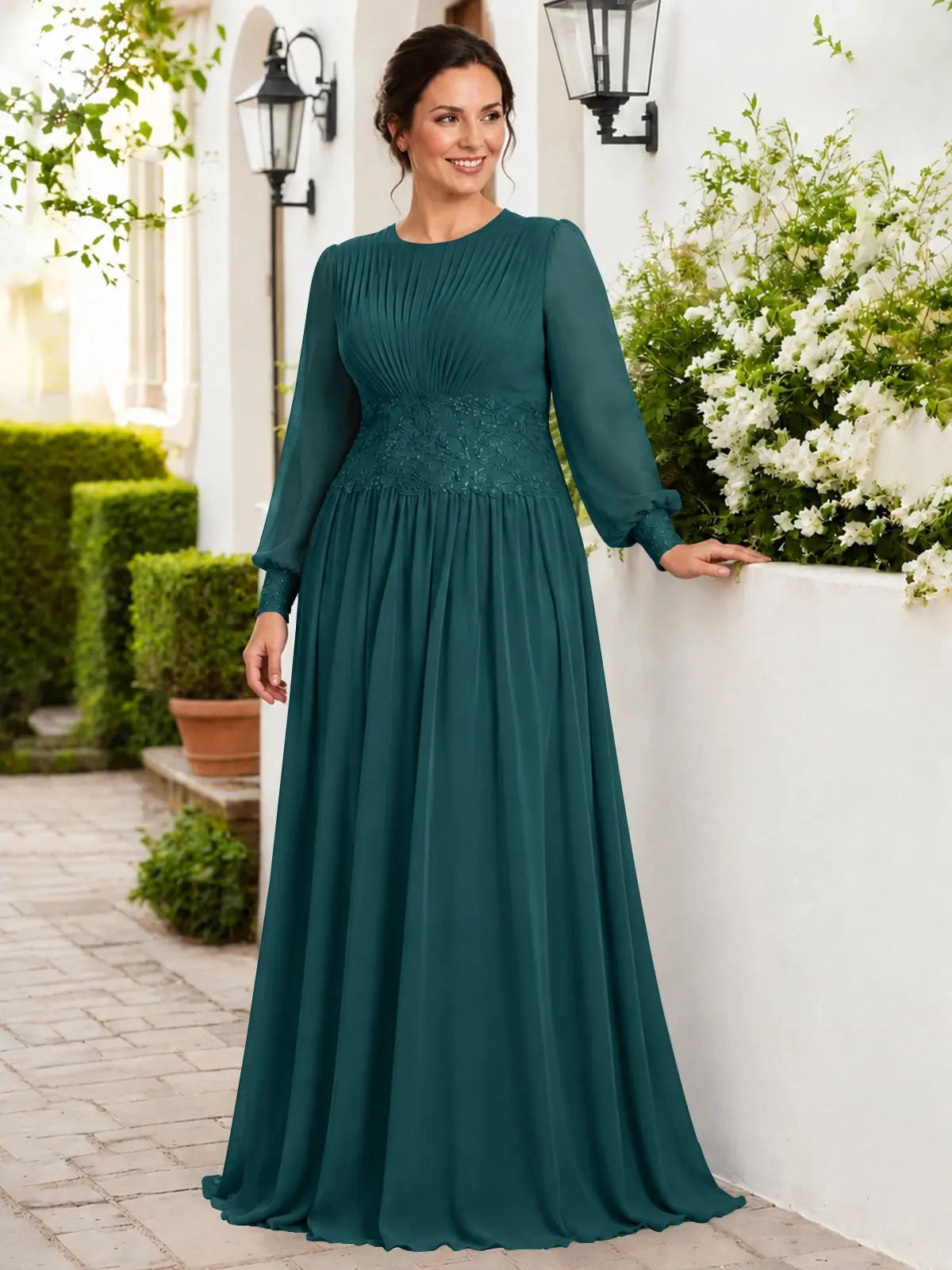 Chiffon Mother of the Bride Dress with Jewel Neckline-Plus Size 