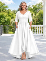 Satin Mother of the Bride Dress with Lace Sleeves-Plus Size 