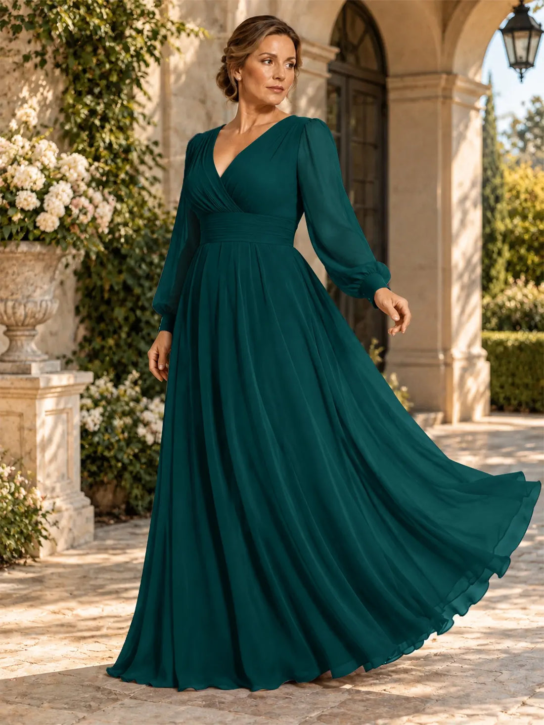 Chiffon Mother of the Bride Dress with Long Sleeves-Plus Size 