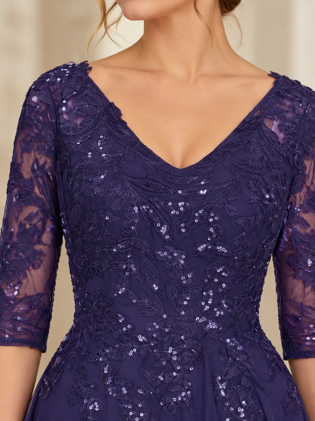 Applique V-Neck Chiffon Dress-Plus Size