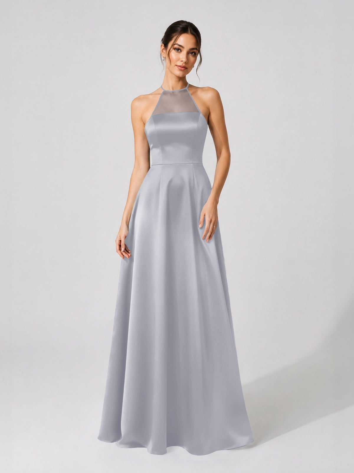 Satin Bridesmaid Dress with Illusion Halter Neck 