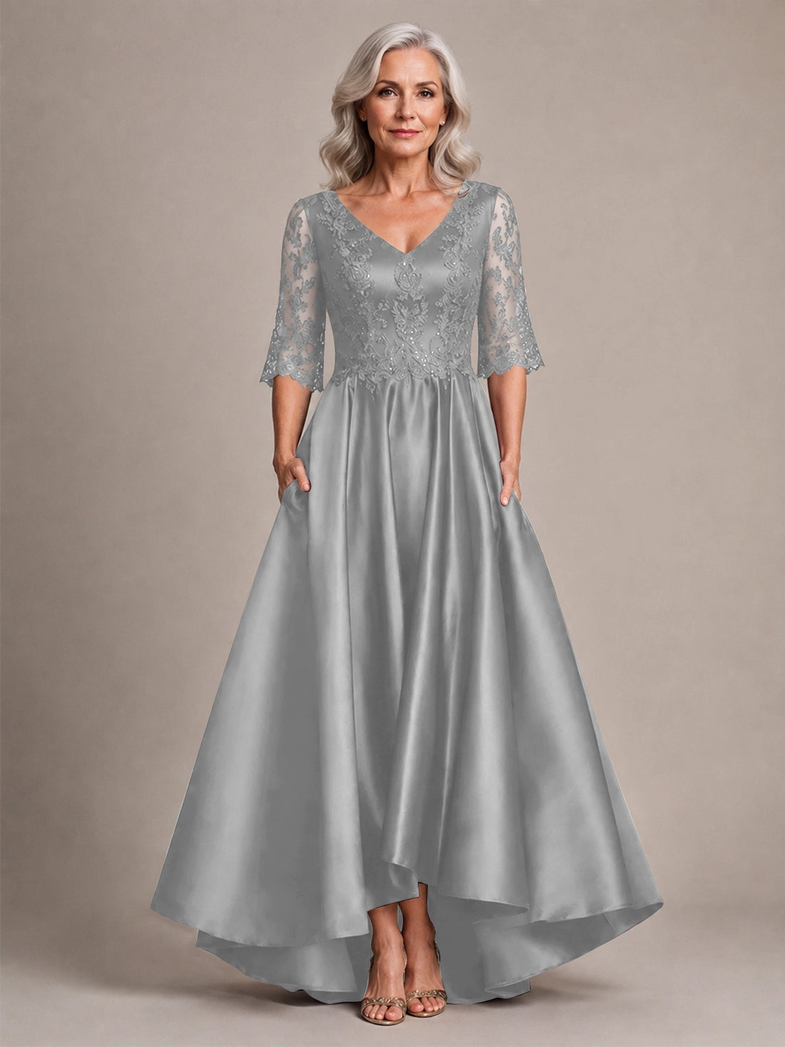 Satin Mother of the Bride Dress with Lace Sleeves 