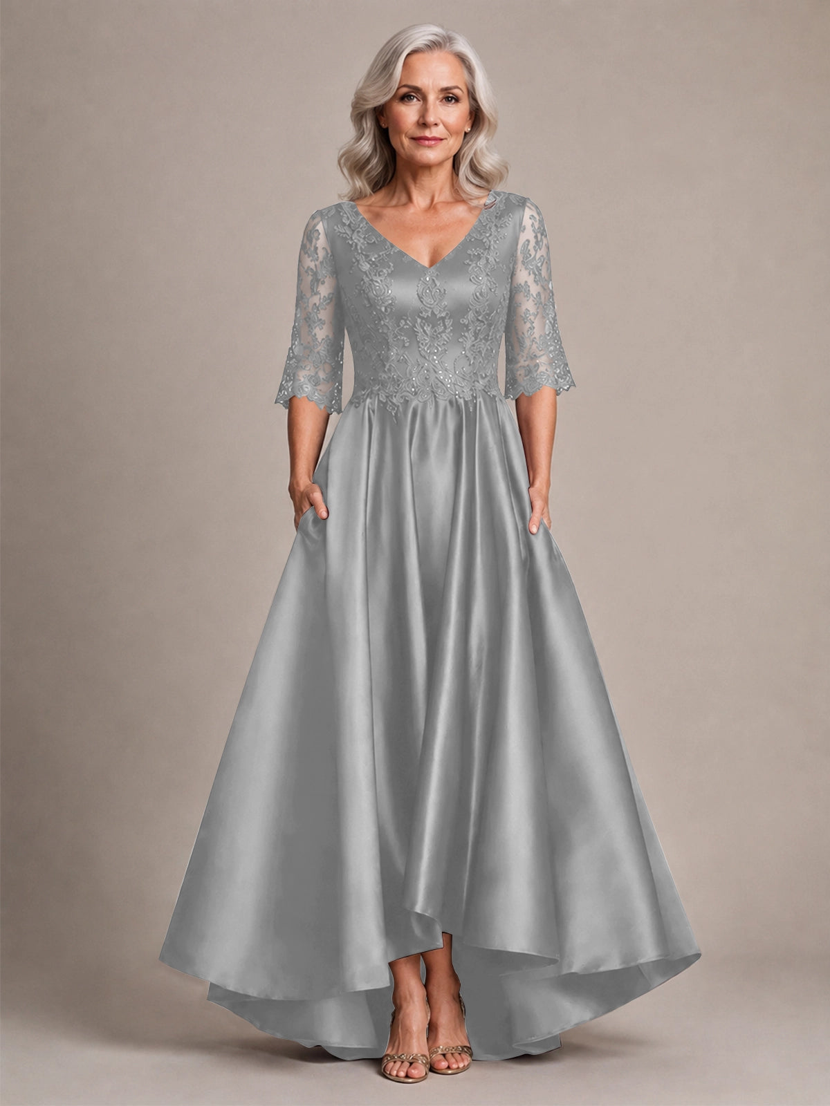 Satin Mother of the Bride Dress with Lace Sleeves 