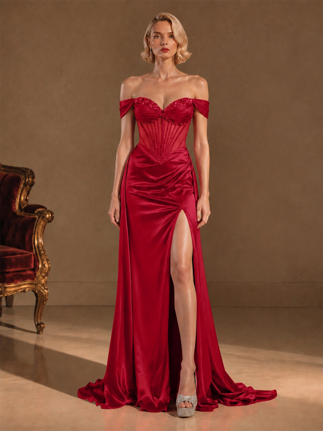 Silk-like Prom Dress with Crystal Detailing 