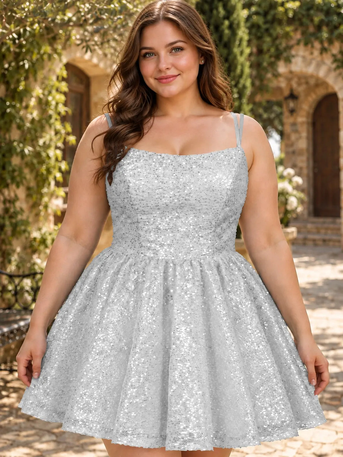 Sparkly Sequined A-line Mini Dress-Plus Size 