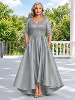 Satin Mother of the Bride Dress with Lace Sleeves-Plus Size 