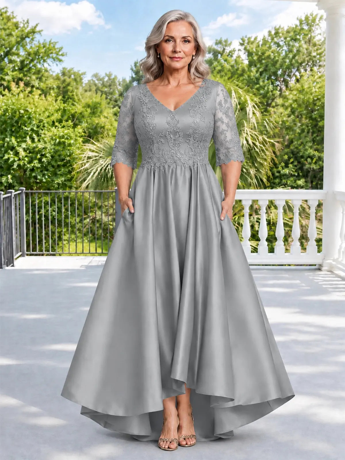 Satin Mother of the Bride Dress with Lace Sleeves-Plus Size 