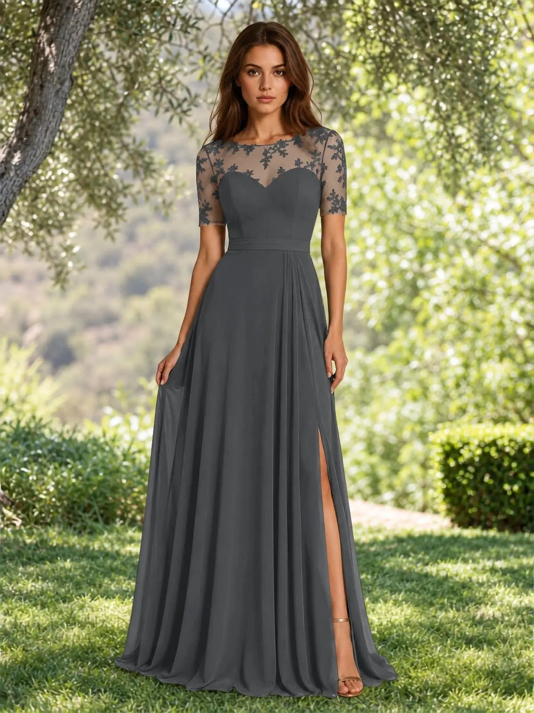 Lace Mother of the Bride Dress with Illusion Neckline 