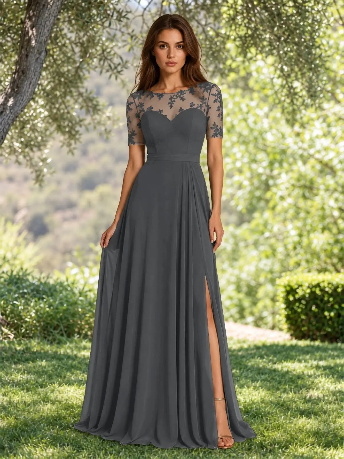 Lace Mother of the Bride Dress with Illusion Neckline 