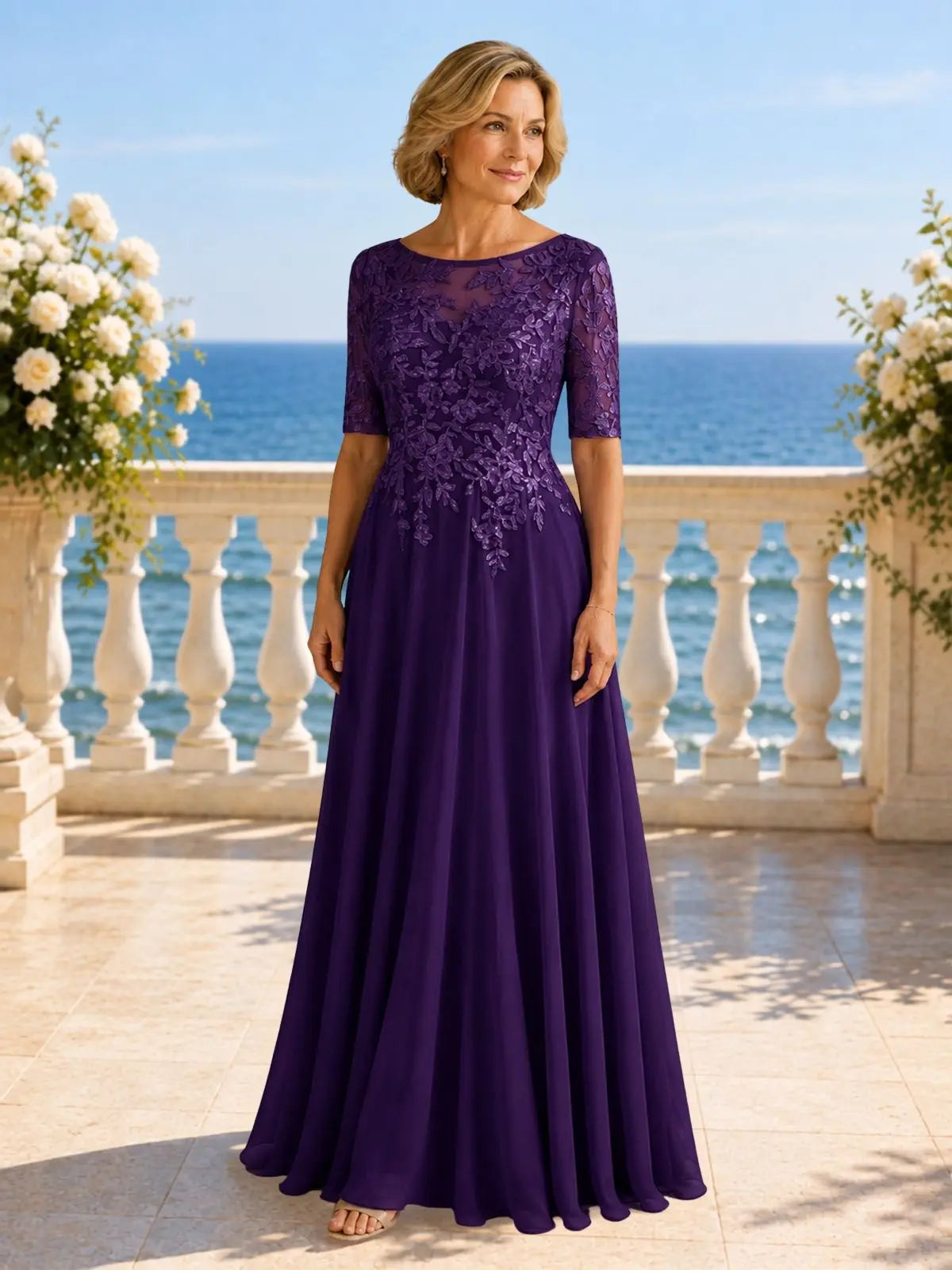 Applique Half Sleeves Chiffon Dress 