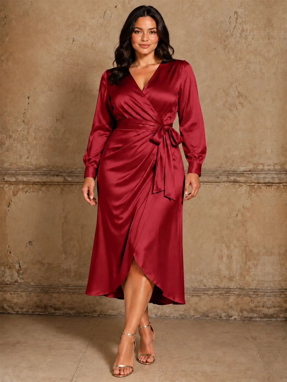 Silk-like Mother of the Bride Dress with Self-Tie Sash-Plus Size 