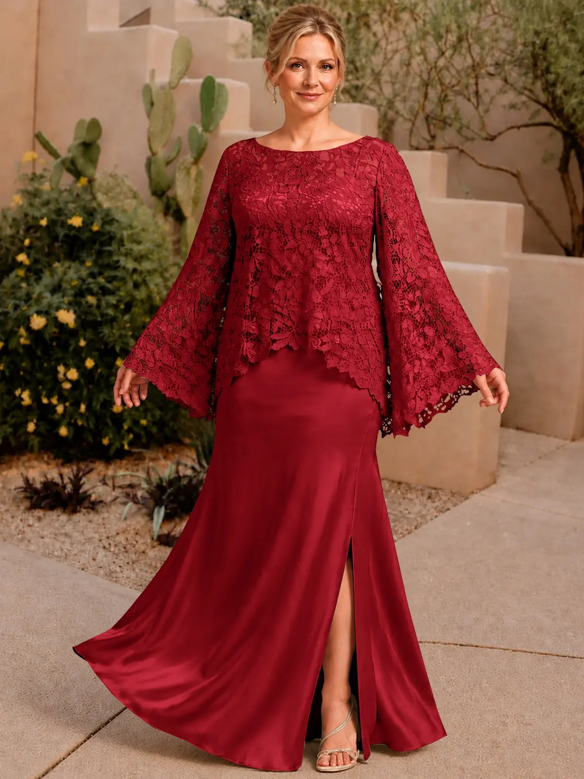 Two-piece Mother of the Bride Dress with Lace Top-Plus Size 