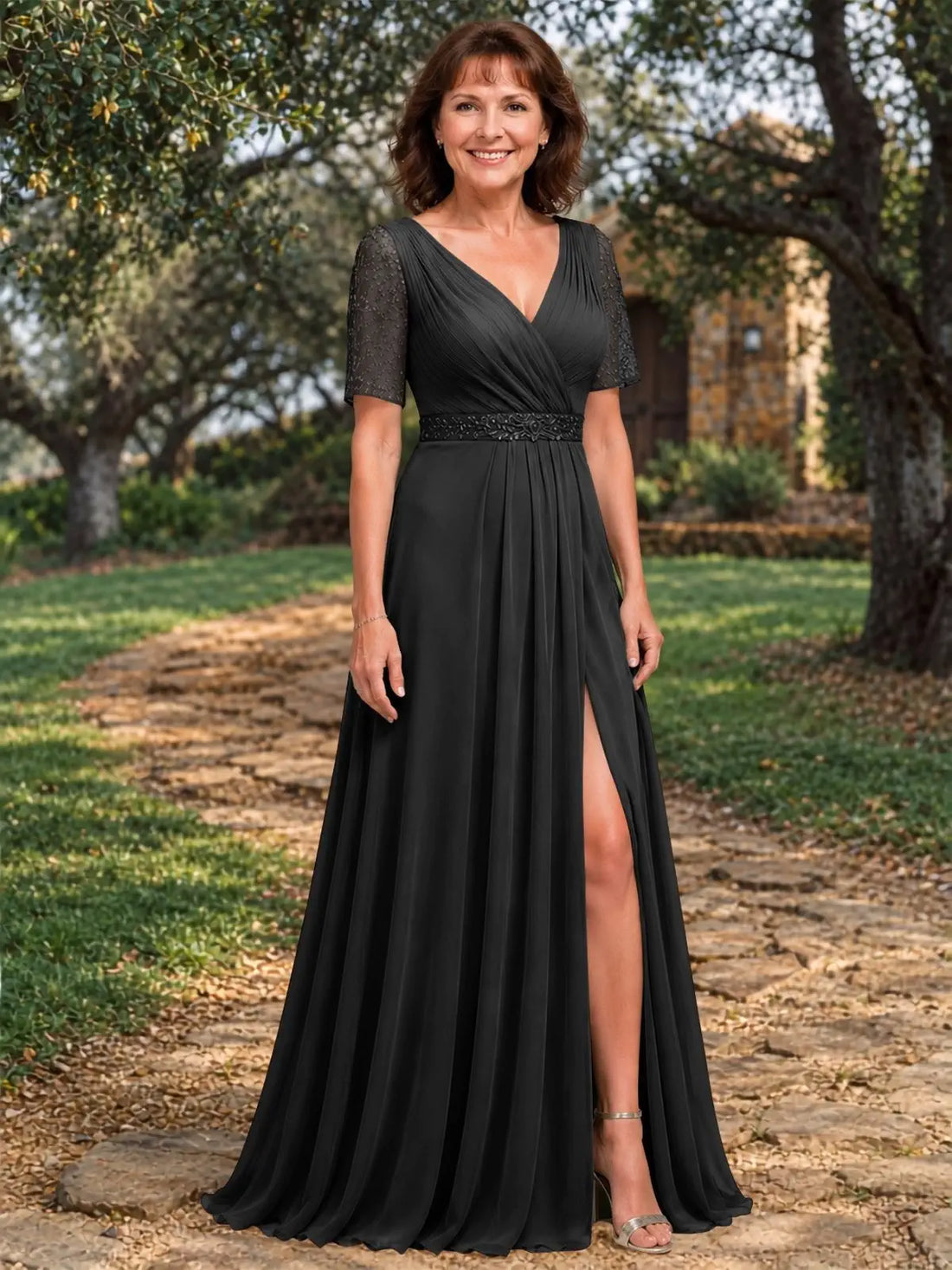 Surplice Neckline Mother of the Bride Dress with Slit 