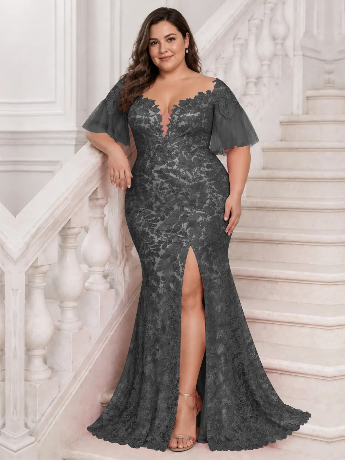 Mermaid Mother of the Bride Dress with V-neck-Plus Size 
