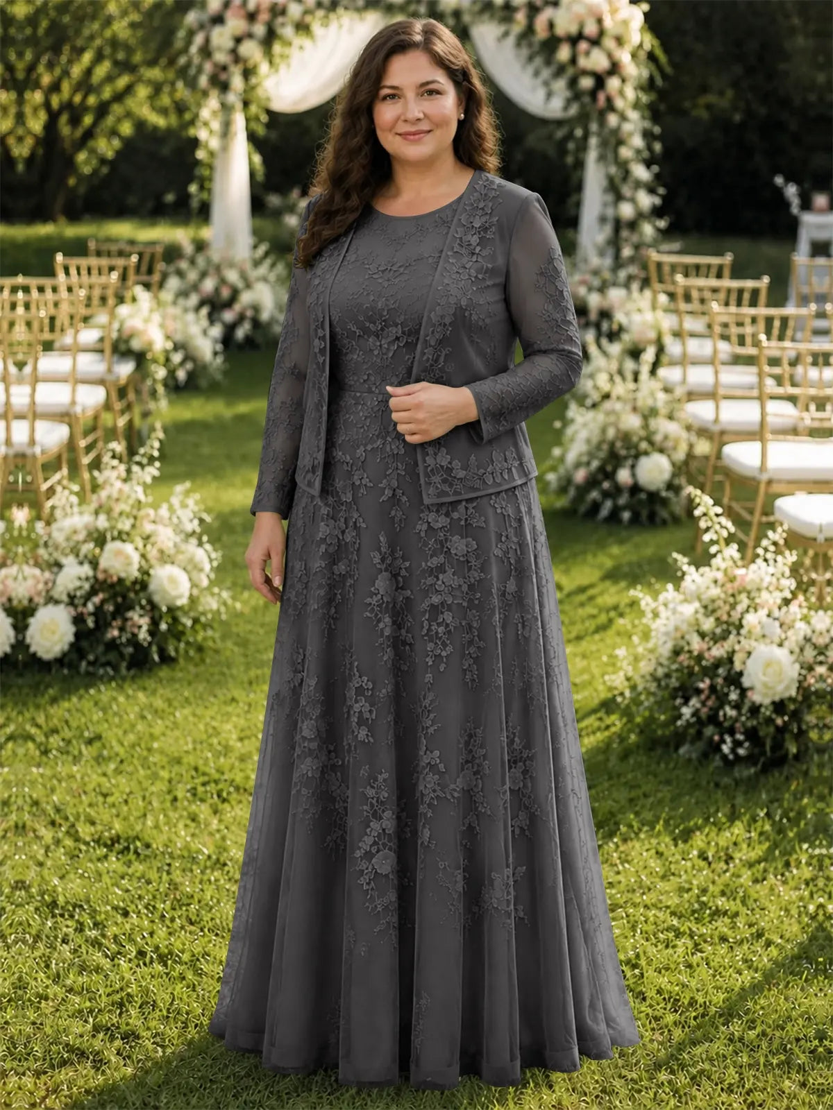 Two-Piece Lace Mother of the Bride Dress with Long Sleeves-Plus Size 