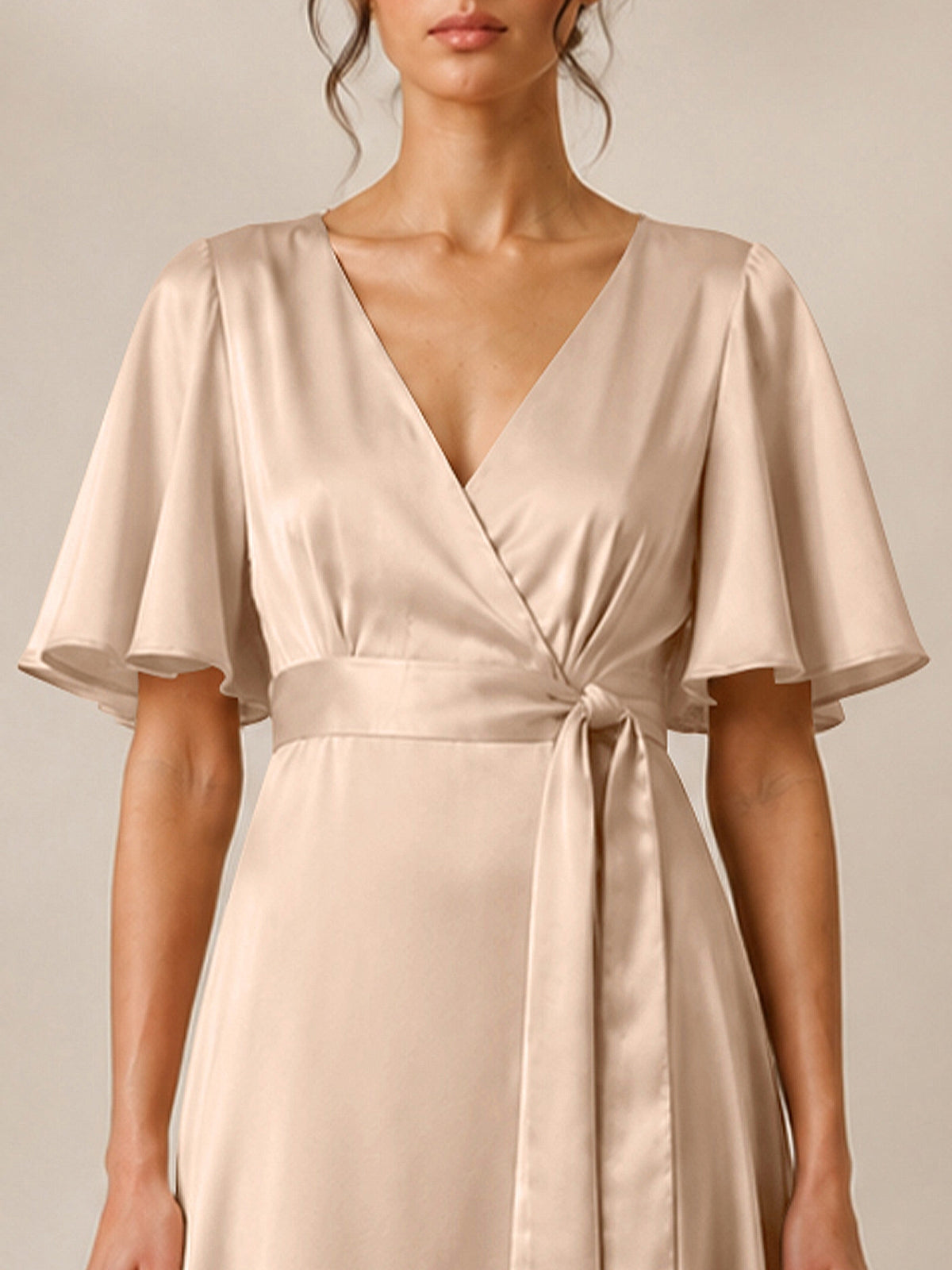 V-neck Bridesmaid Dress with Flutter Sleeves