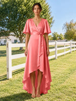 V-neck Bridesmaid Dress with Flutter Sleeves