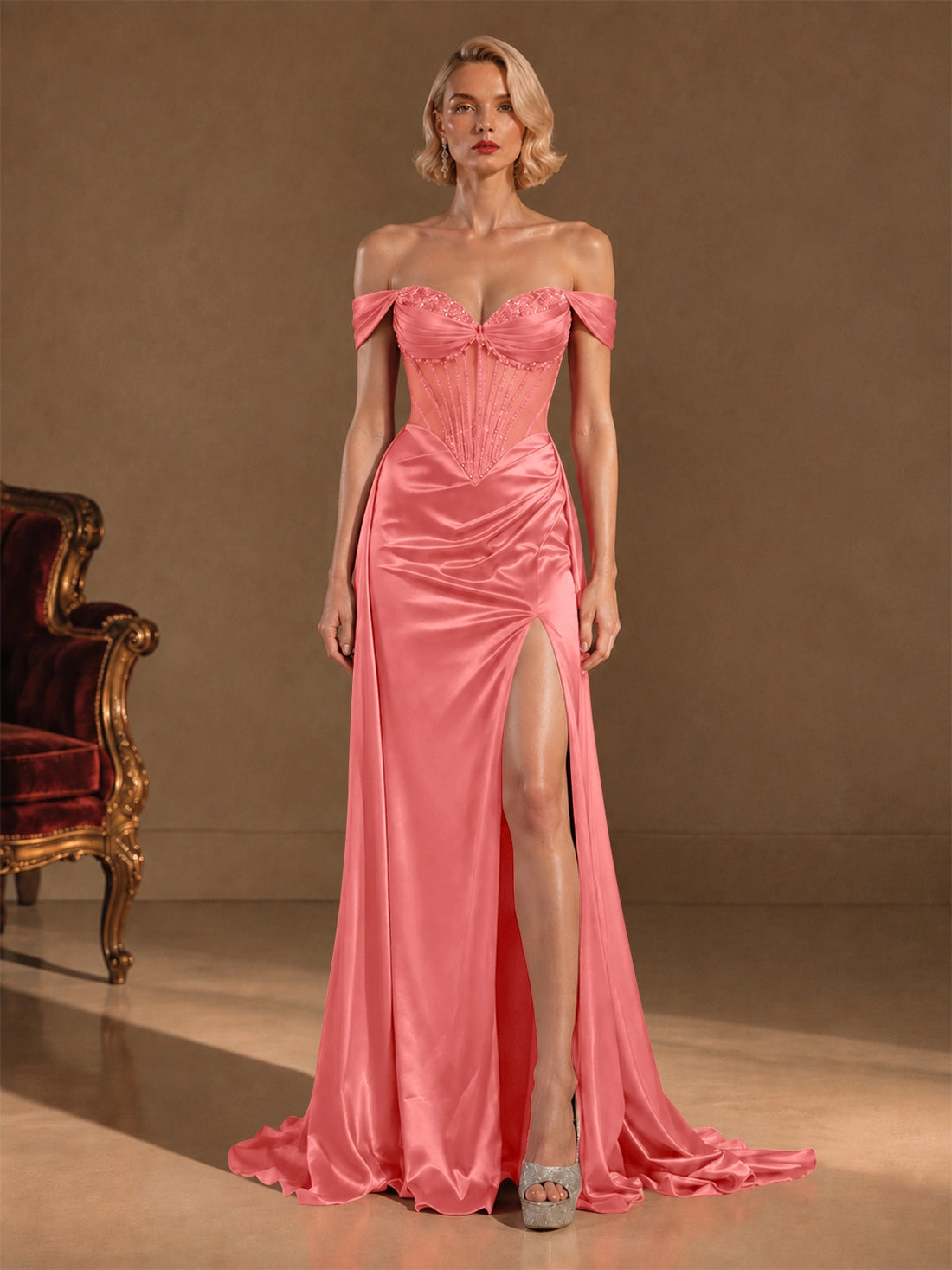 Silk-like Prom Dress with Crystal Detailing 