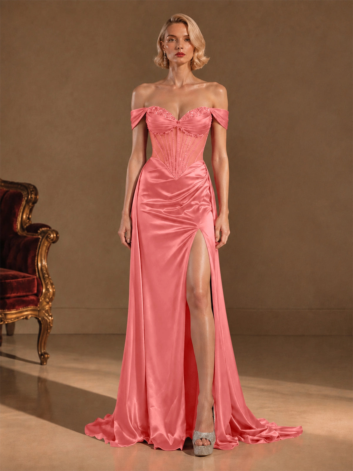Silk-like Prom Dress with Crystal Detailing 