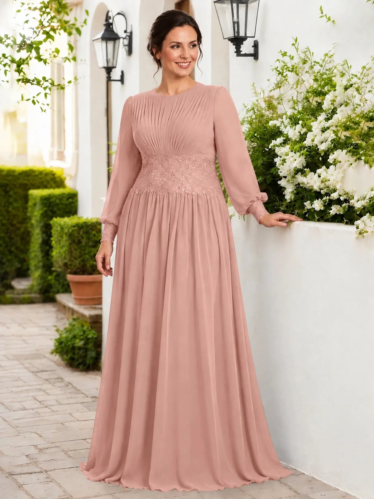 Chiffon Mother of the Bride Dress with Jewel Neckline-Plus Size 
