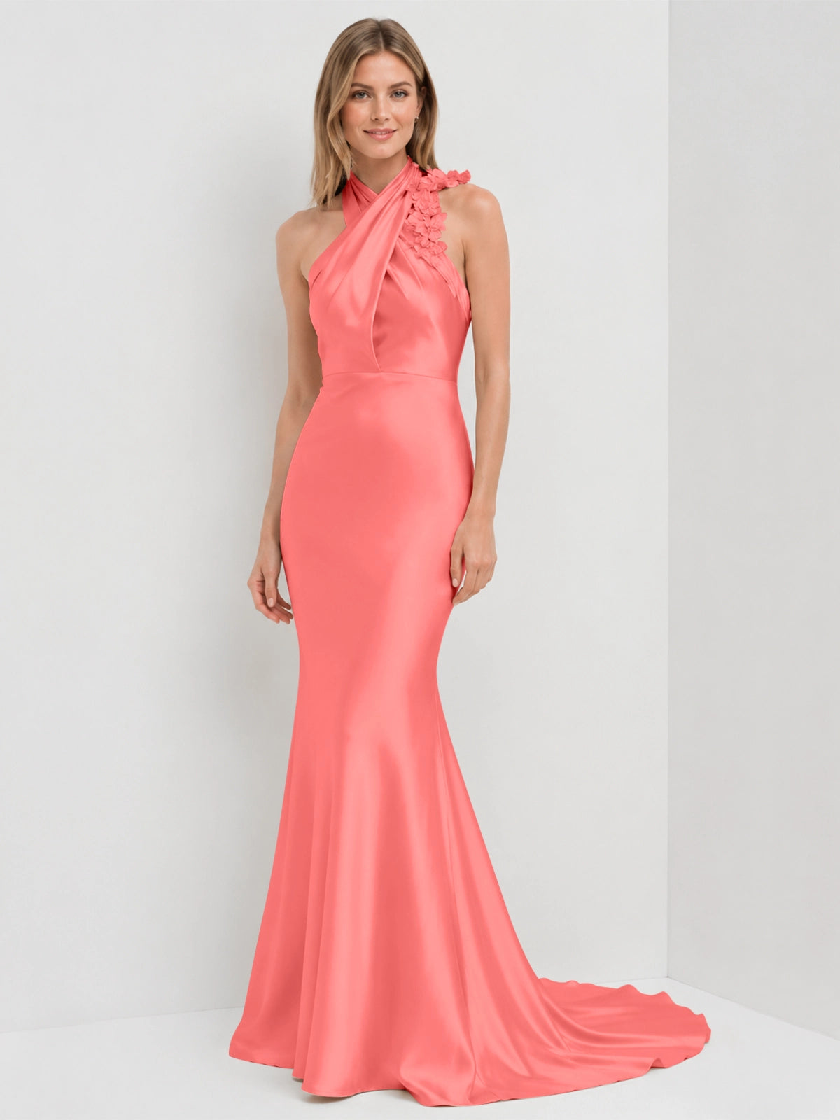 Silk-like Bridesmaid Dress with 3D Floral 