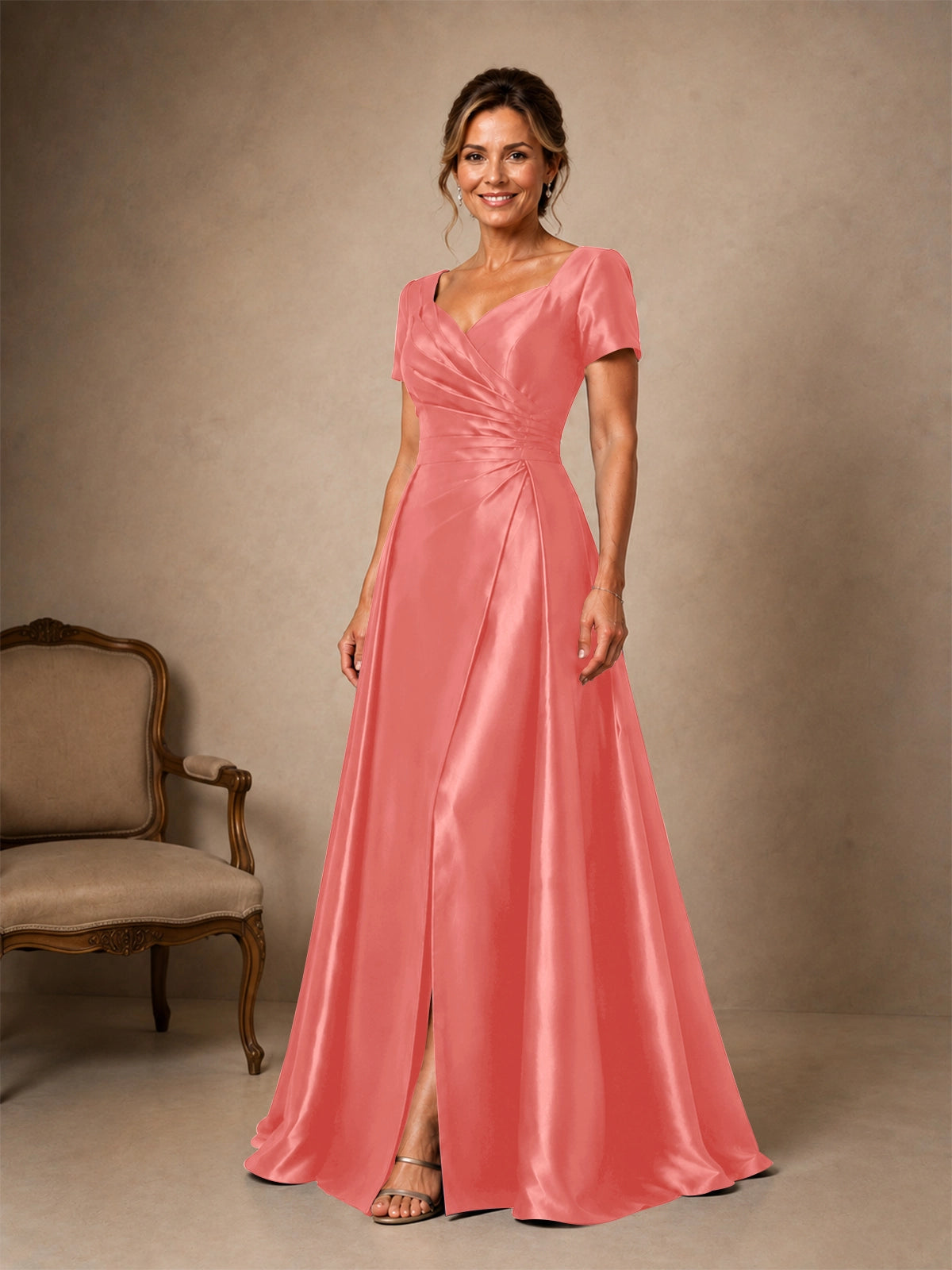 Silk-like Prom Dress with Short Sleeves 