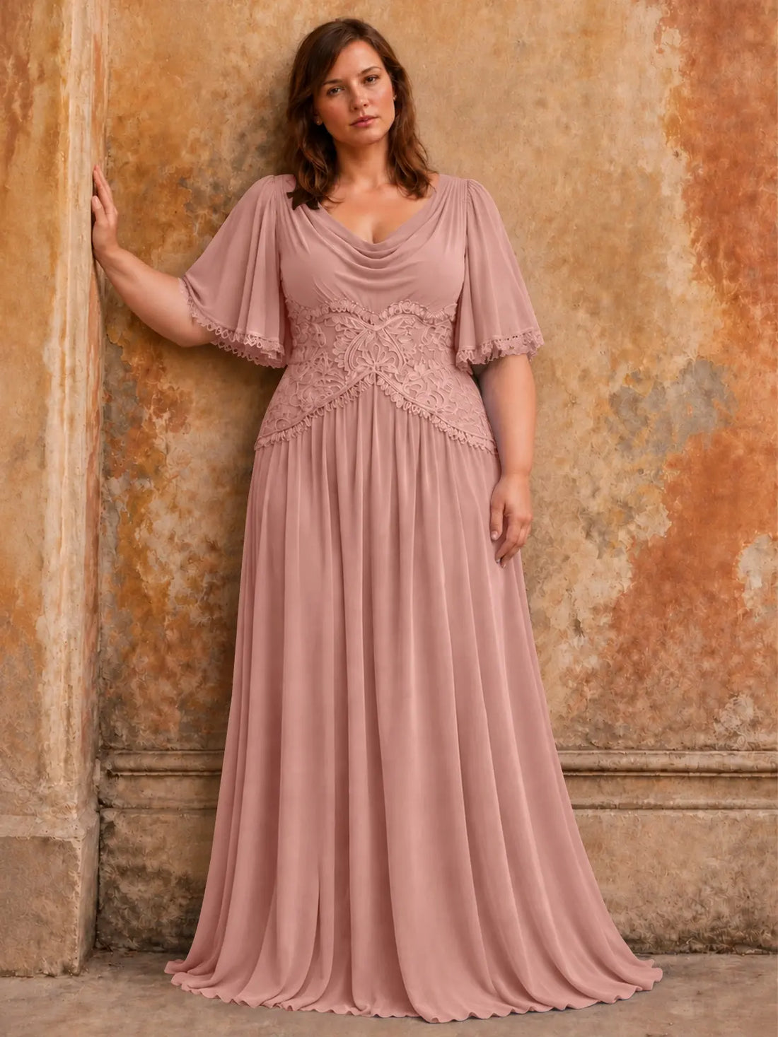 Cowl Neck Mother of the Bride Dress with Applique-Plus Size 