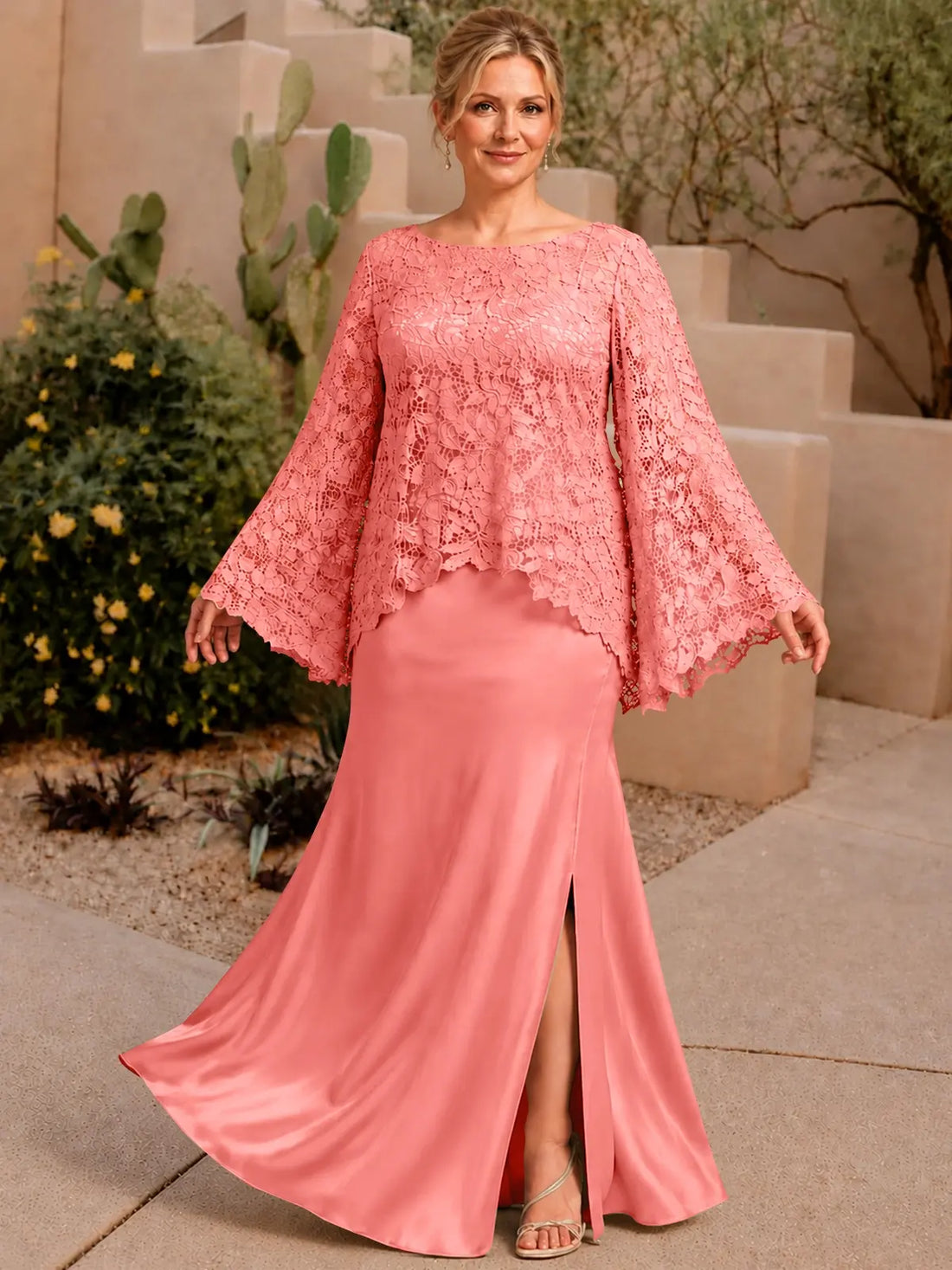 Two-piece Mother of the Bride Dress with Lace Top-Plus Size 