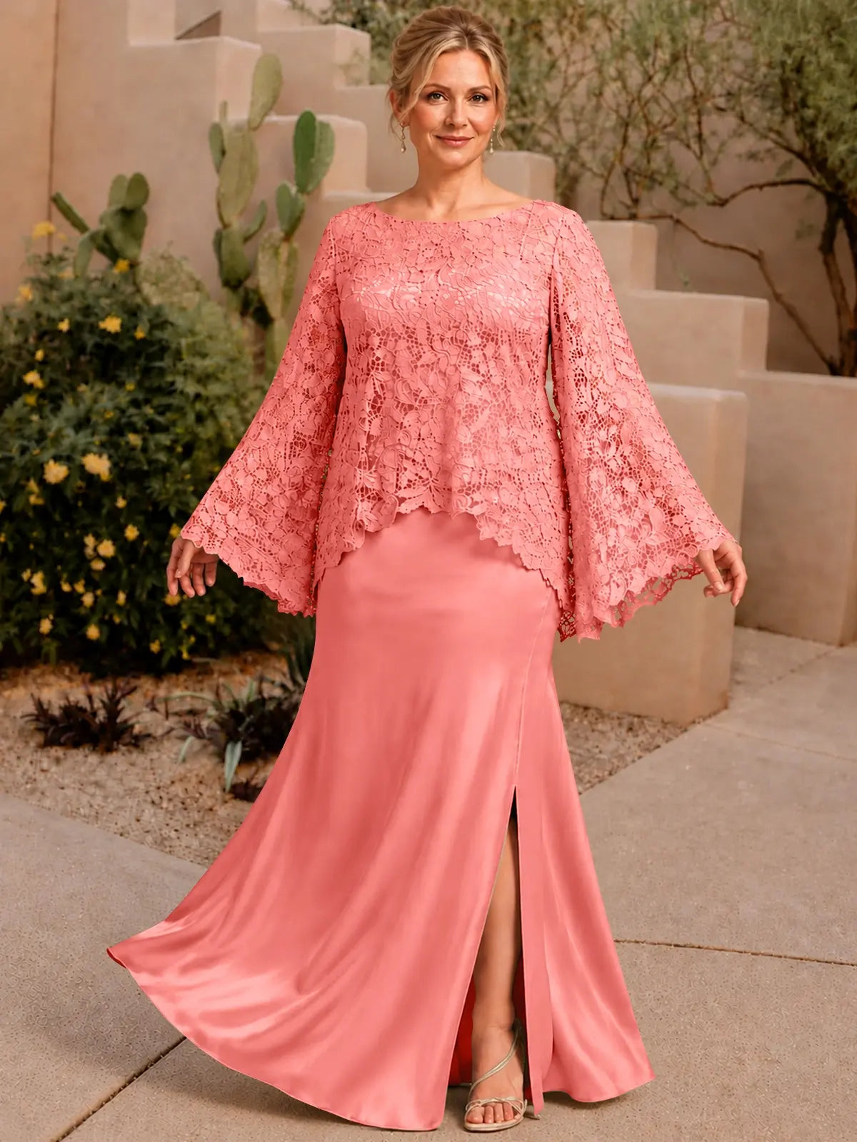 Two-piece Mother of the Bride Dress with Lace Top-Plus Size 