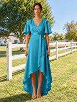 V-neck Bridesmaid Dress with Flutter Sleeves