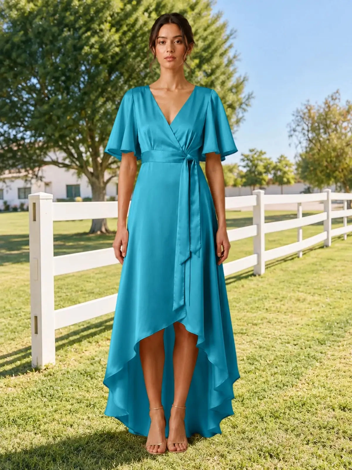 V-neck Bridesmaid Dress with Flutter Sleeves