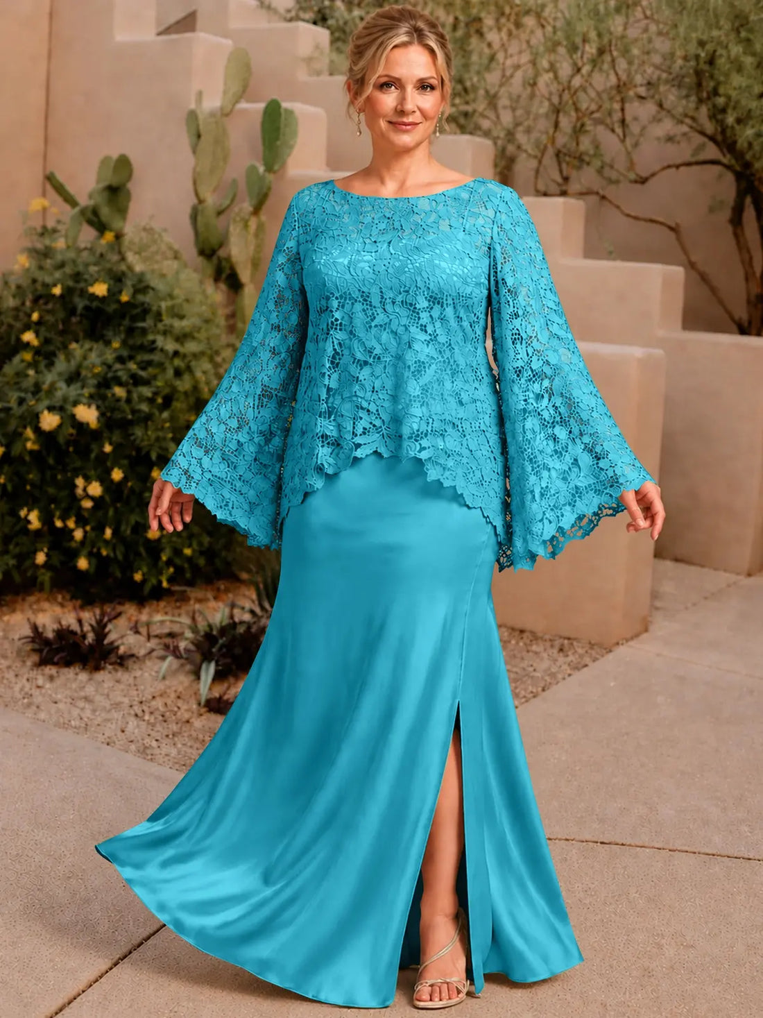 Two-piece Mother of the Bride Dress with Lace Top-Plus Size 