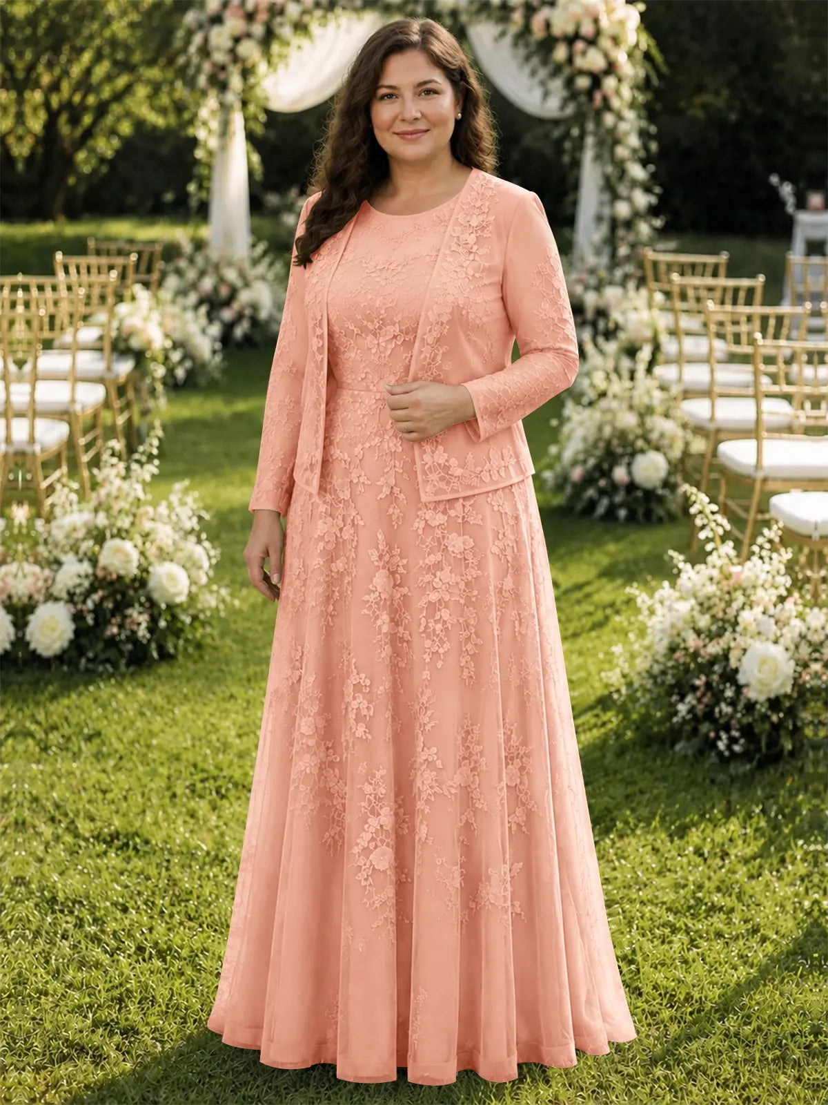 Two-Piece Lace Mother of the Bride Dress with Long Sleeves-Plus Size 