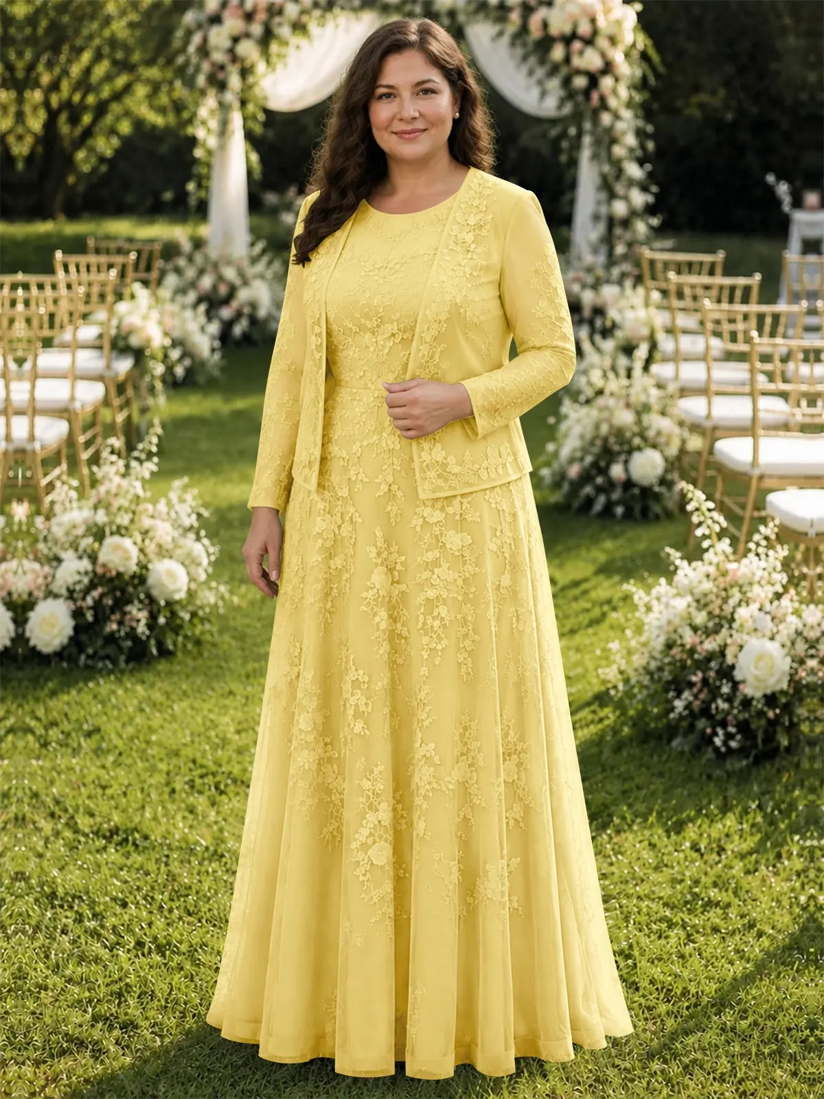 Two-Piece Lace Mother of the Bride Dress with Long Sleeves-Plus Size 