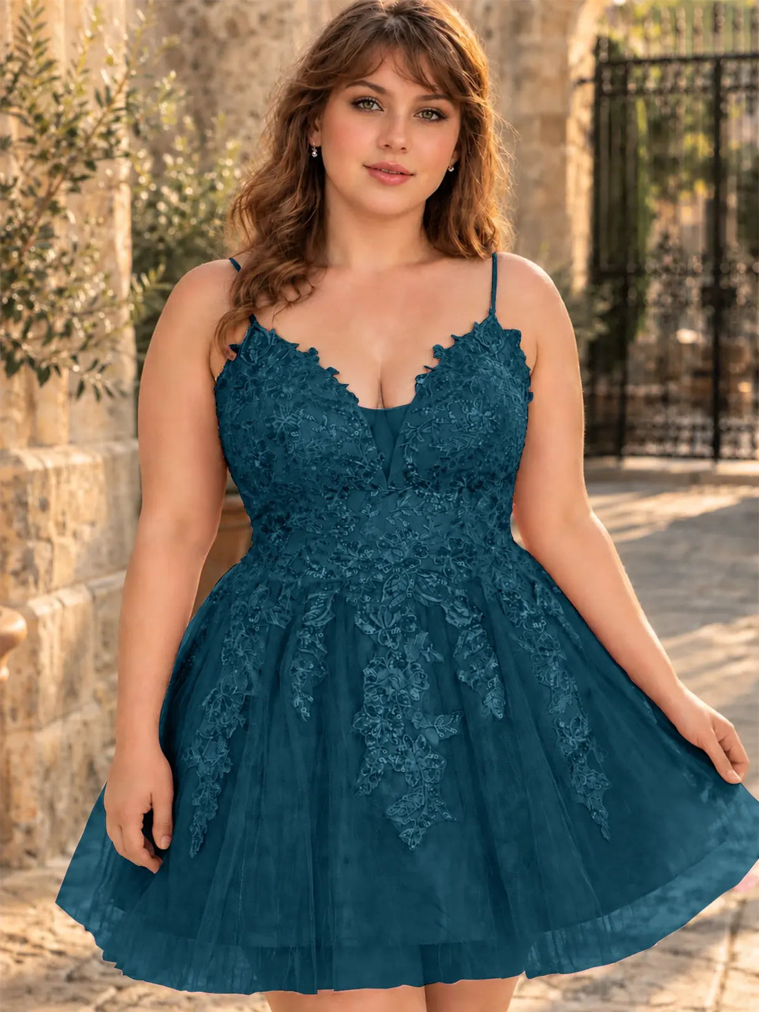 Applique Soft Tulle Mini Dress-Plus Size 
