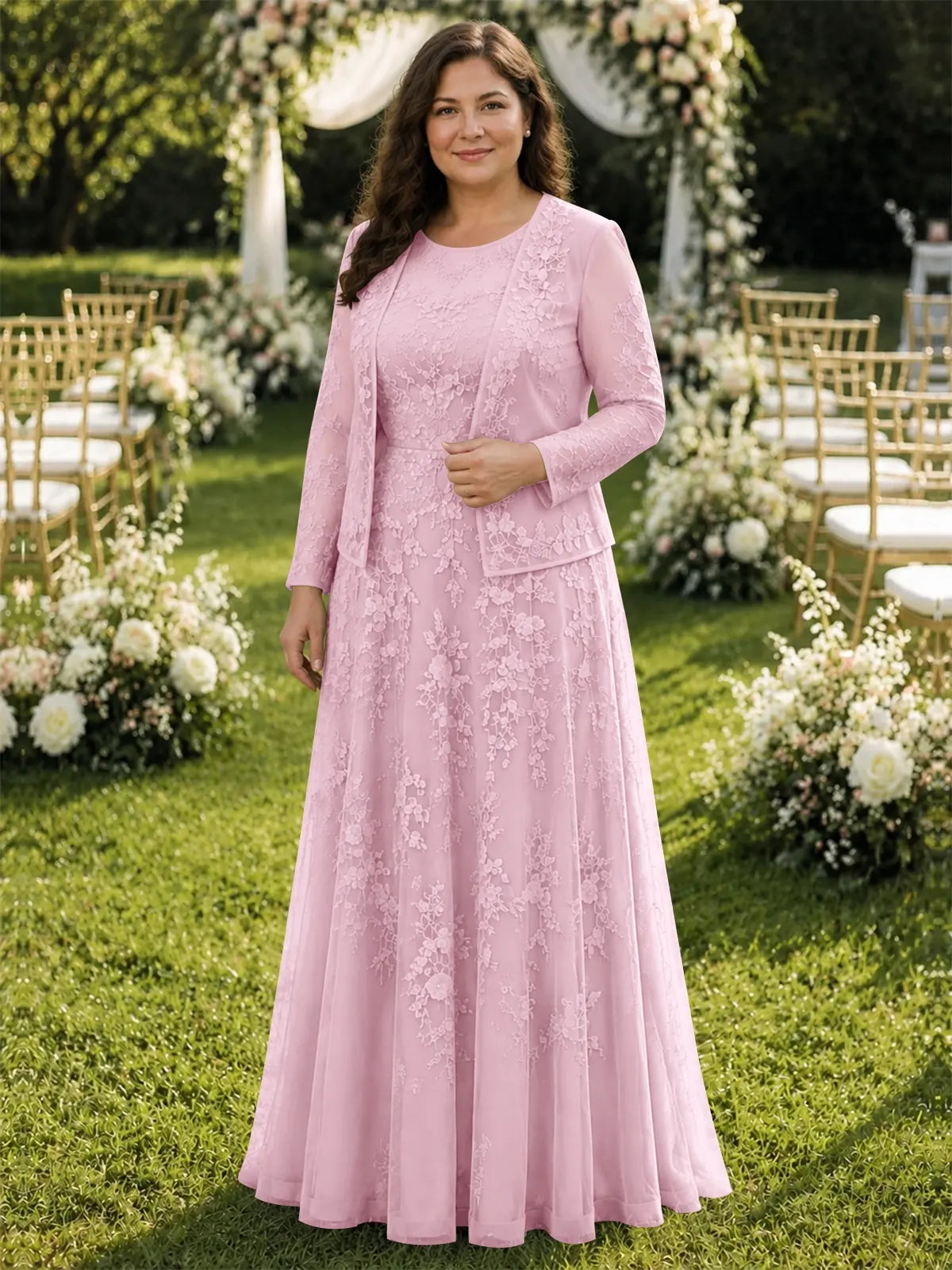 Two-Piece Lace Mother of the Bride Dress with Long Sleeves-Plus Size 
