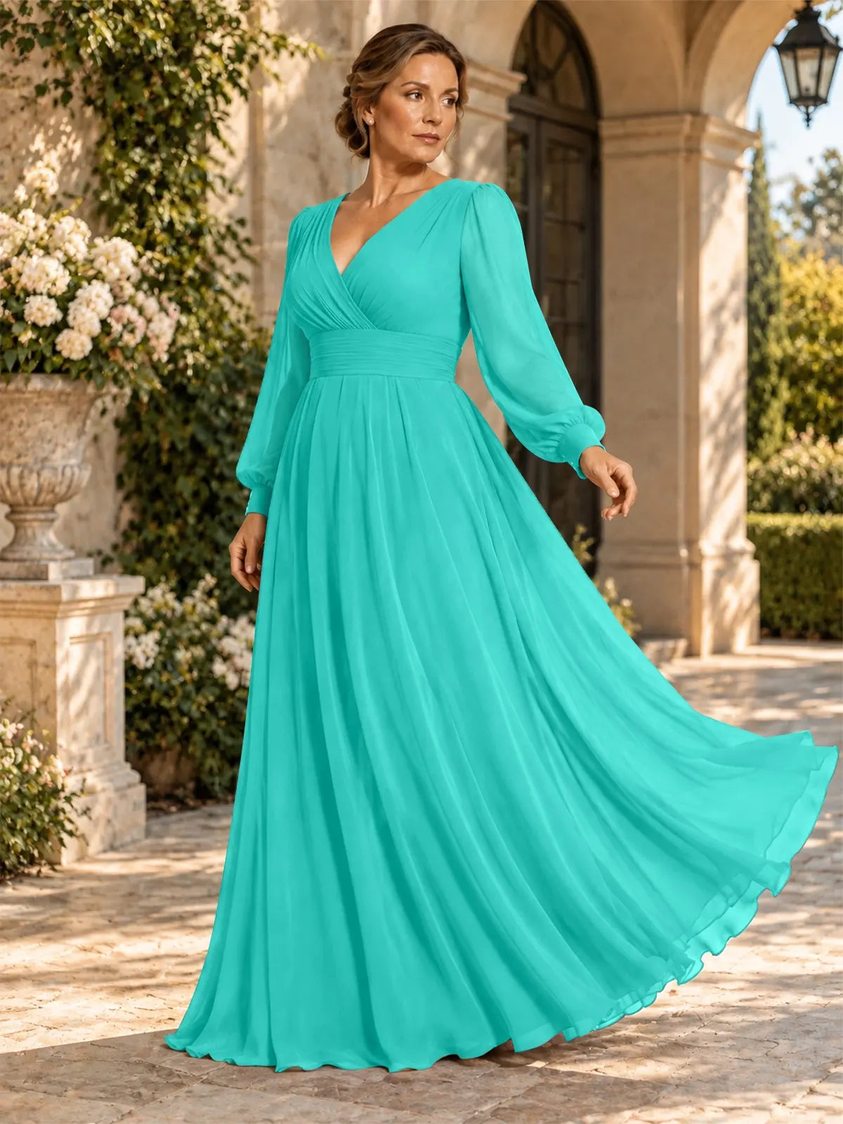 Chiffon Mother of the Bride Dress with Long Sleeves-Plus Size 