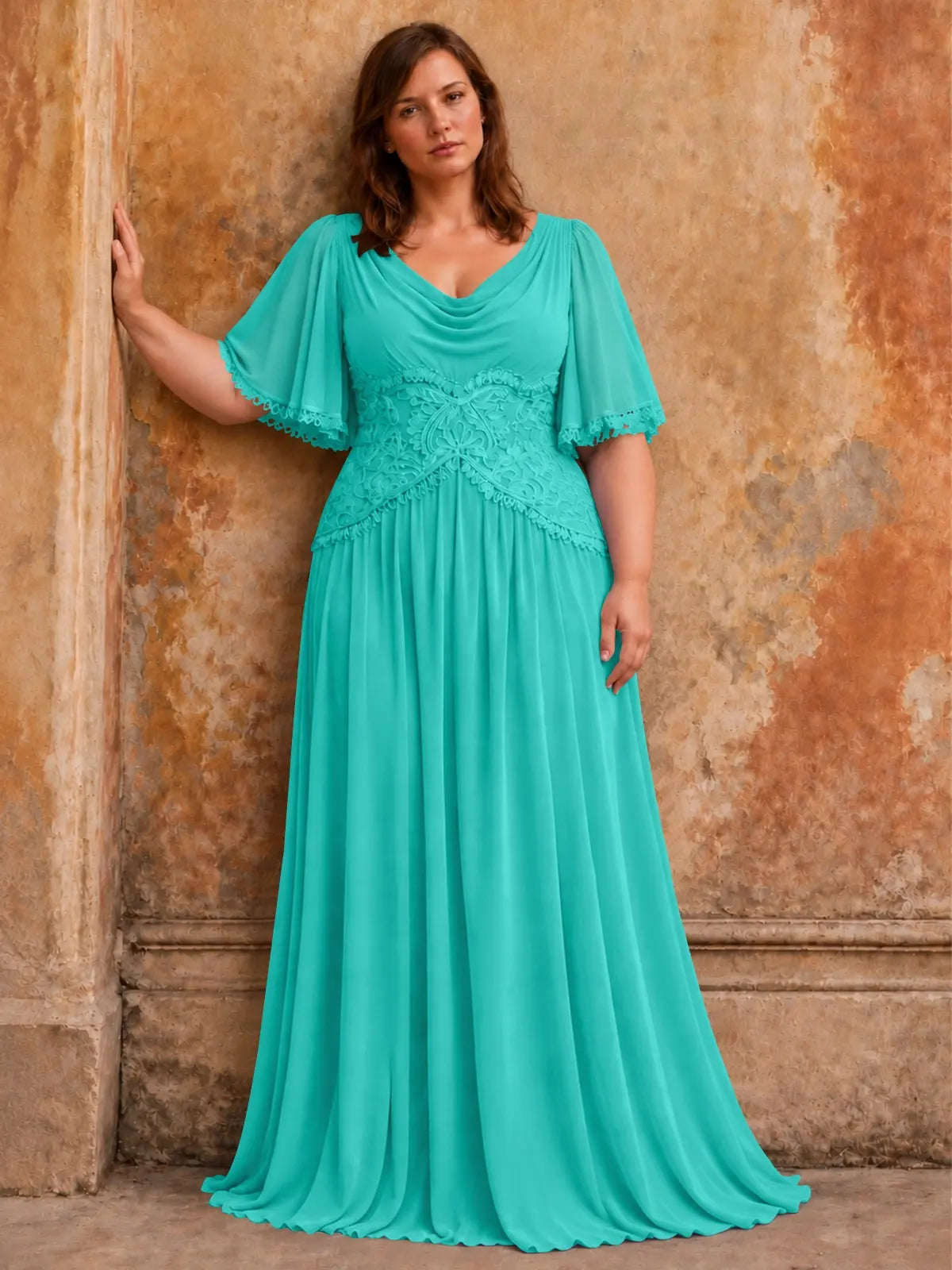 Cowl Neck Mother of the Bride Dress with Applique-Plus Size 